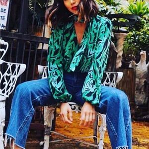 Rixo Women's Moss Necktie Tiger Stripe Blouse - Green